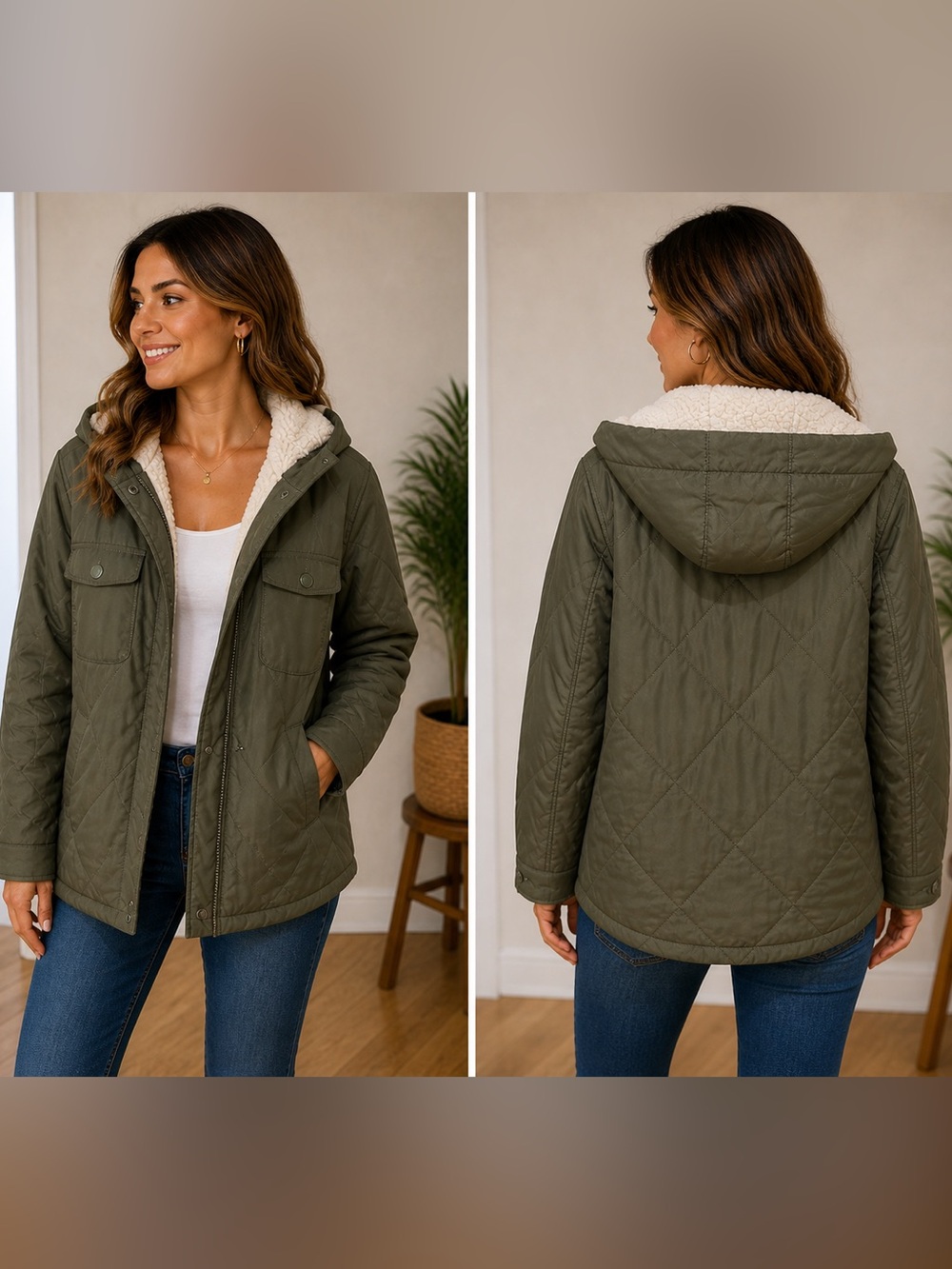 Hollister Green Sherpa Fur Lined Diamond Quilted Hooded Jacket Coat Size Small